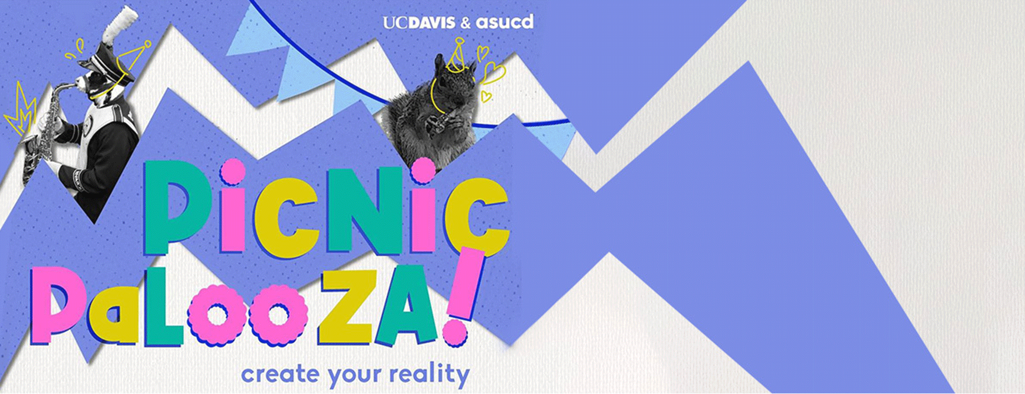 "Picnic Palooza" header image with retro block shapes, a cow and a squirrel.