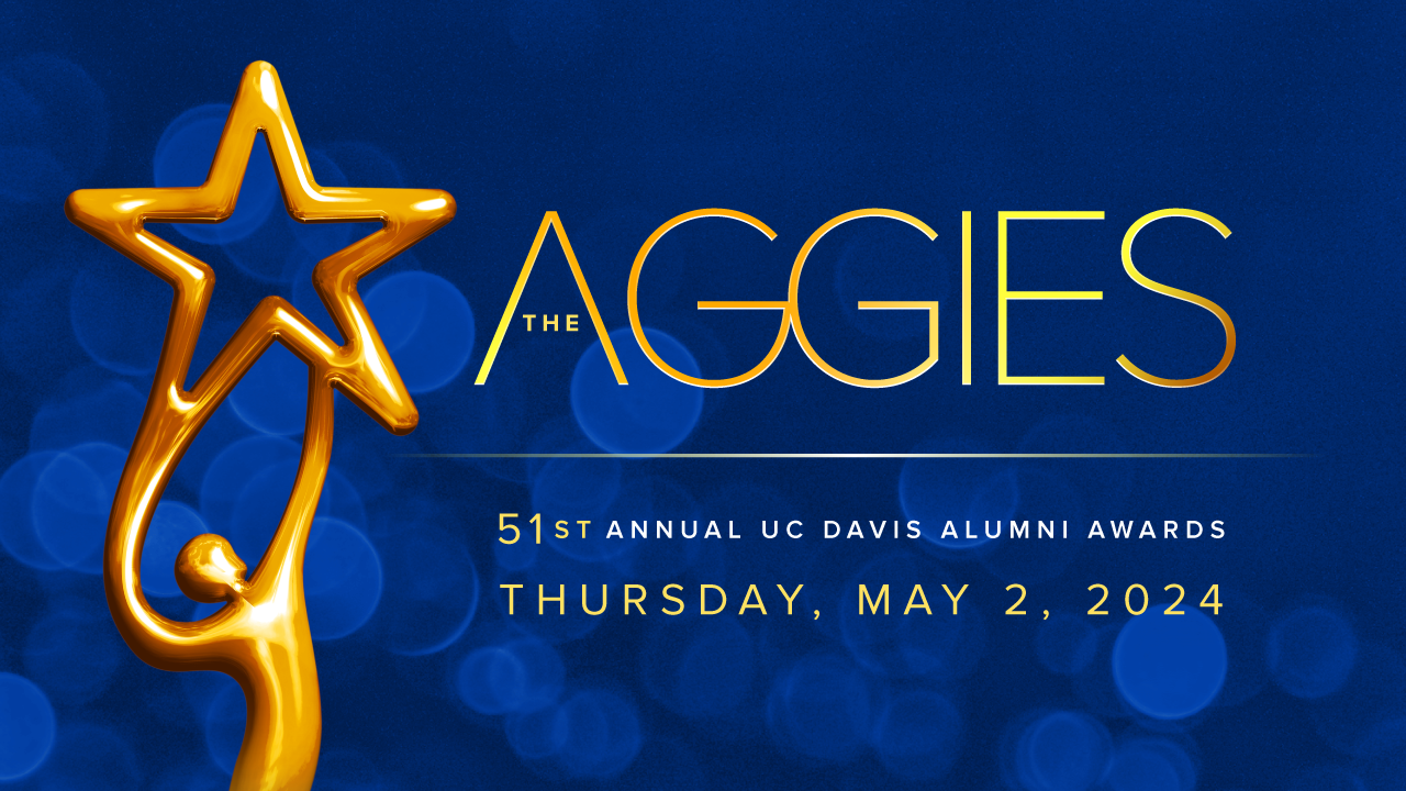 Dark blue background with bokeh effect. There is a gold statue illustration with a title "The Aggies" and subheading of "51st Annual UC Davis Alumni Awards on Thursday, May 2, 2024."