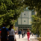 Students walking on the promenade in front of Peter J. Shields Library.