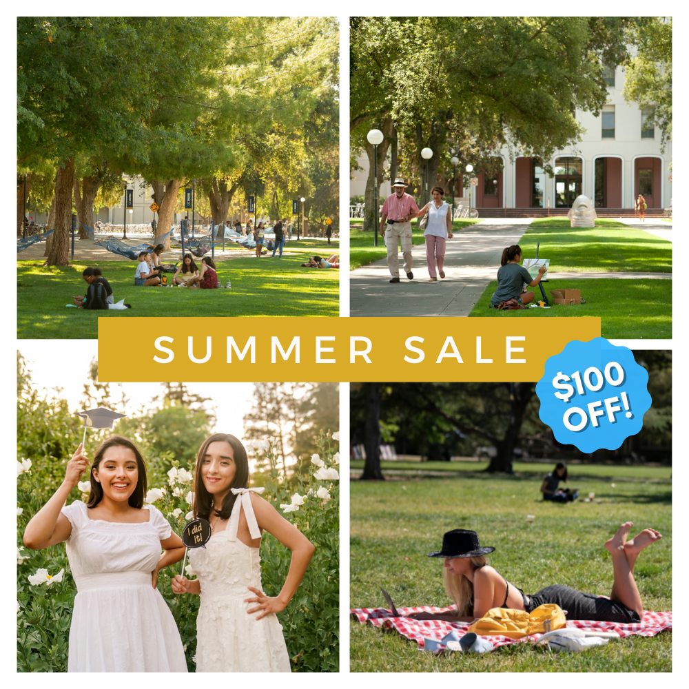 Summer sale - $100 off! A collage of images depicting UC Davis students relaxing on the grass on campus and two UC Davis graduates posing with props in front of flowers.