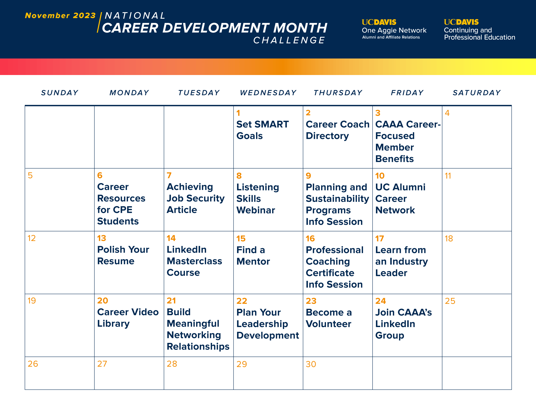 A calendar grid for November 2023: National Career Development Month Challenge.