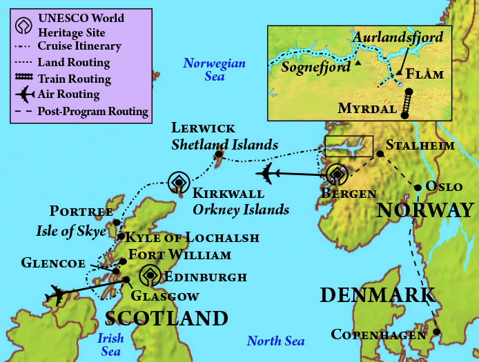 Map detailing trip route through Denmark, Norway, and Scotland.