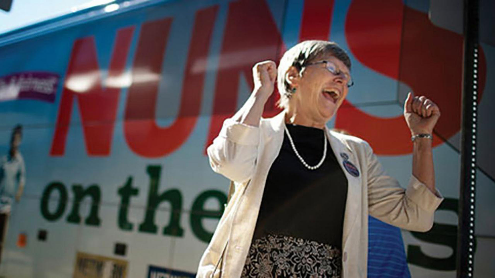 Sister Simone Campbell greets supporters at a stop in South Bend, Indiana, on the first Nuns on the Bus tour in 2012. (James Brosher/South Bend Tribune)