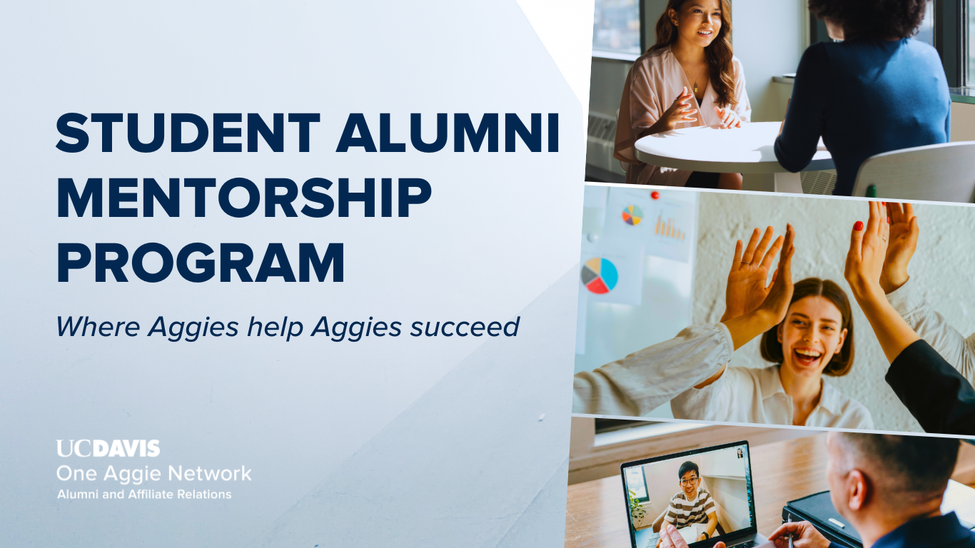 Photo collage of student mentees and alumni mentors meeting; text reads: Student Alumni Mentorship Program, where Aggies help Aggies succeed