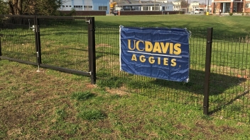 UCD flag on a wire fence outside 