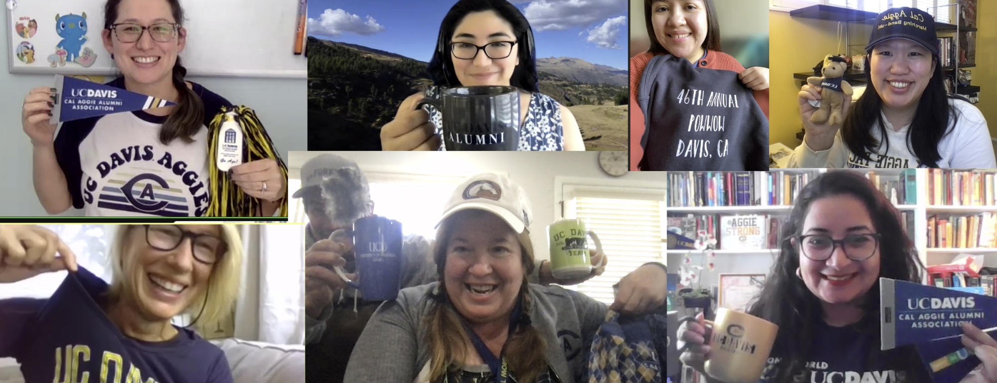 Collage of Cal Aggie Alumni Association network leaders showing their Aggie pride with apparel, banners, and swag items.