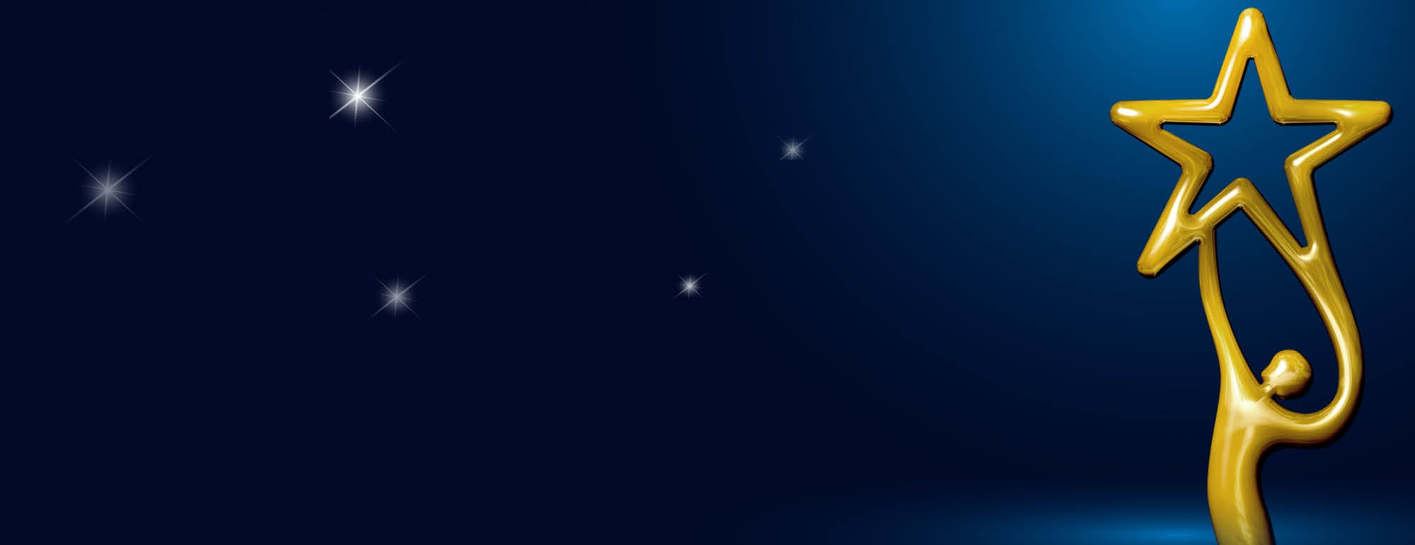 gold figure holding a star with background of blue and twinkling stars