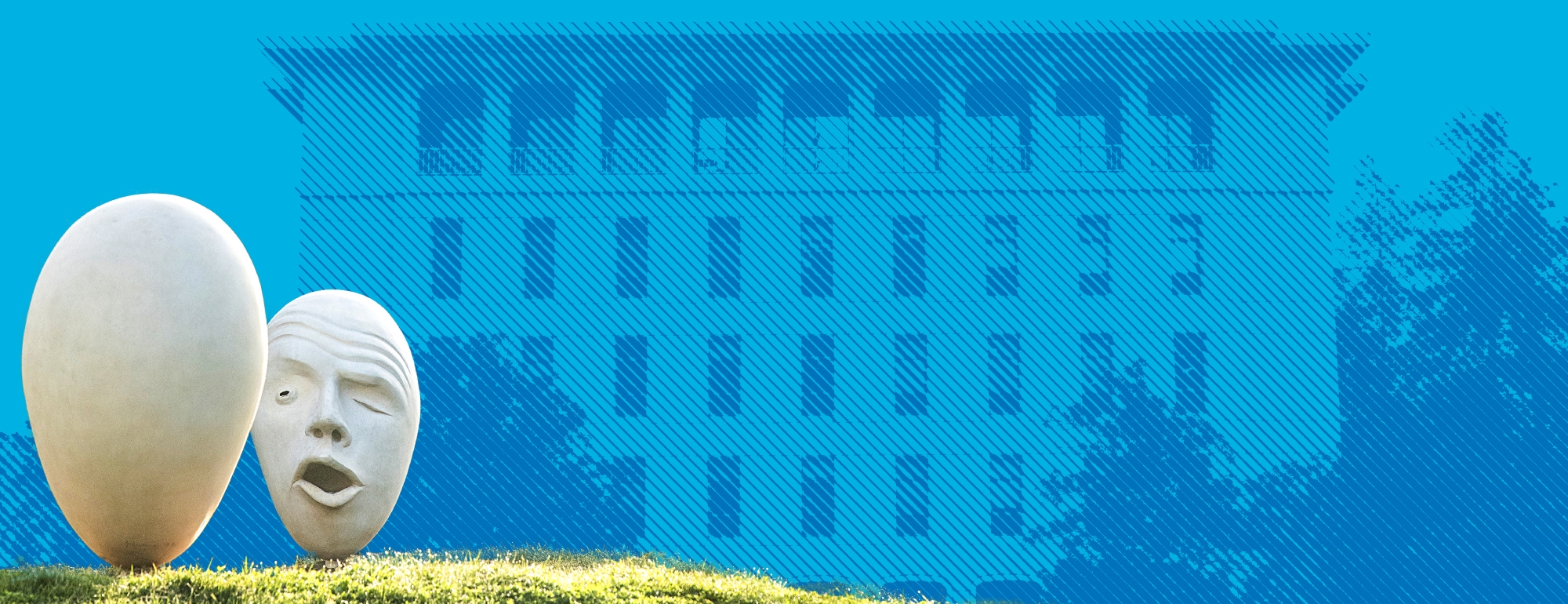 Egghead sculptures on a grassy hill in front of Mrak Hall in a halftone and hatched stroke.