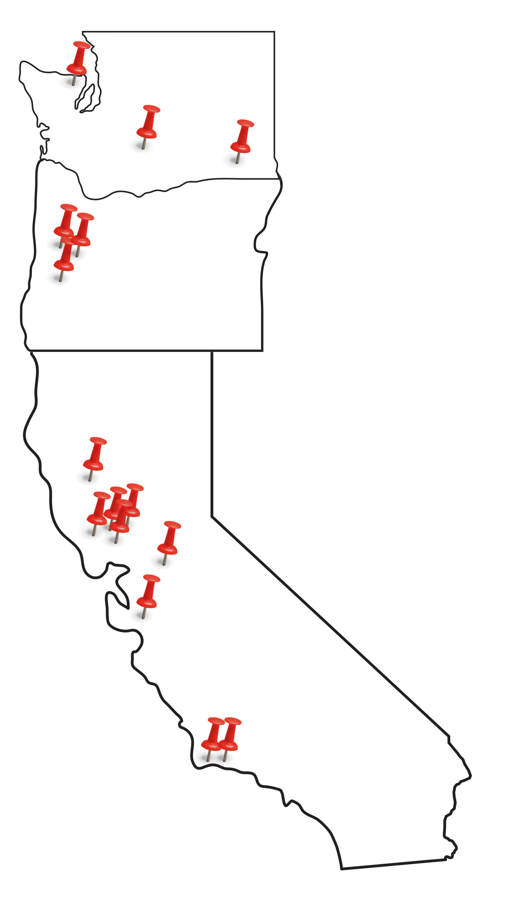 Map of CA, OR, and WA with red pins placed showing the location of Aggies Uncorked wine partners