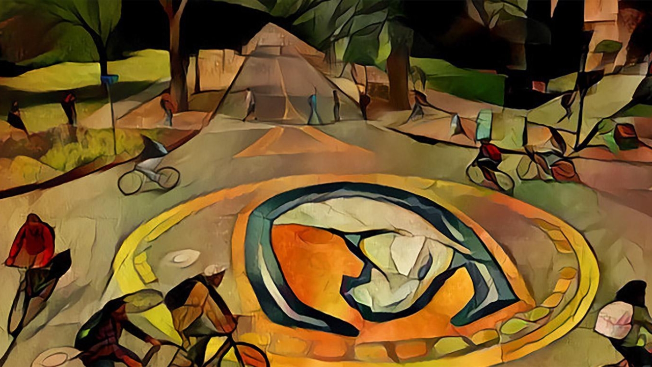 Illustration of UC Davis Bike Circle in a mosaic pattern