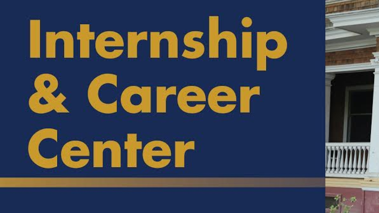 Text that says "Internship and Career Center" on a blue background with an image to the right of the ICC which is located in South Hall