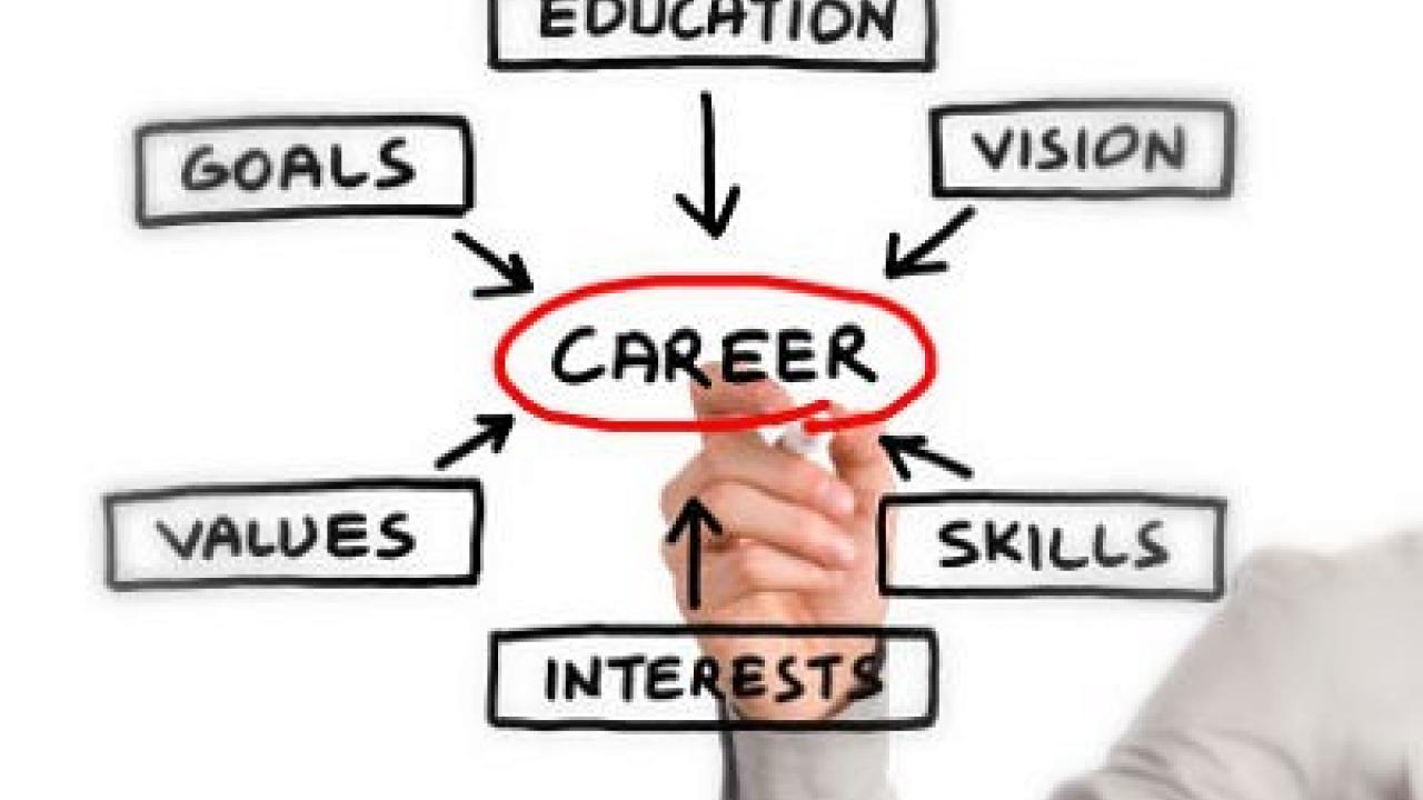 The words education, vision, skills, interests, values, and goals are in a circle with the word career in the center.