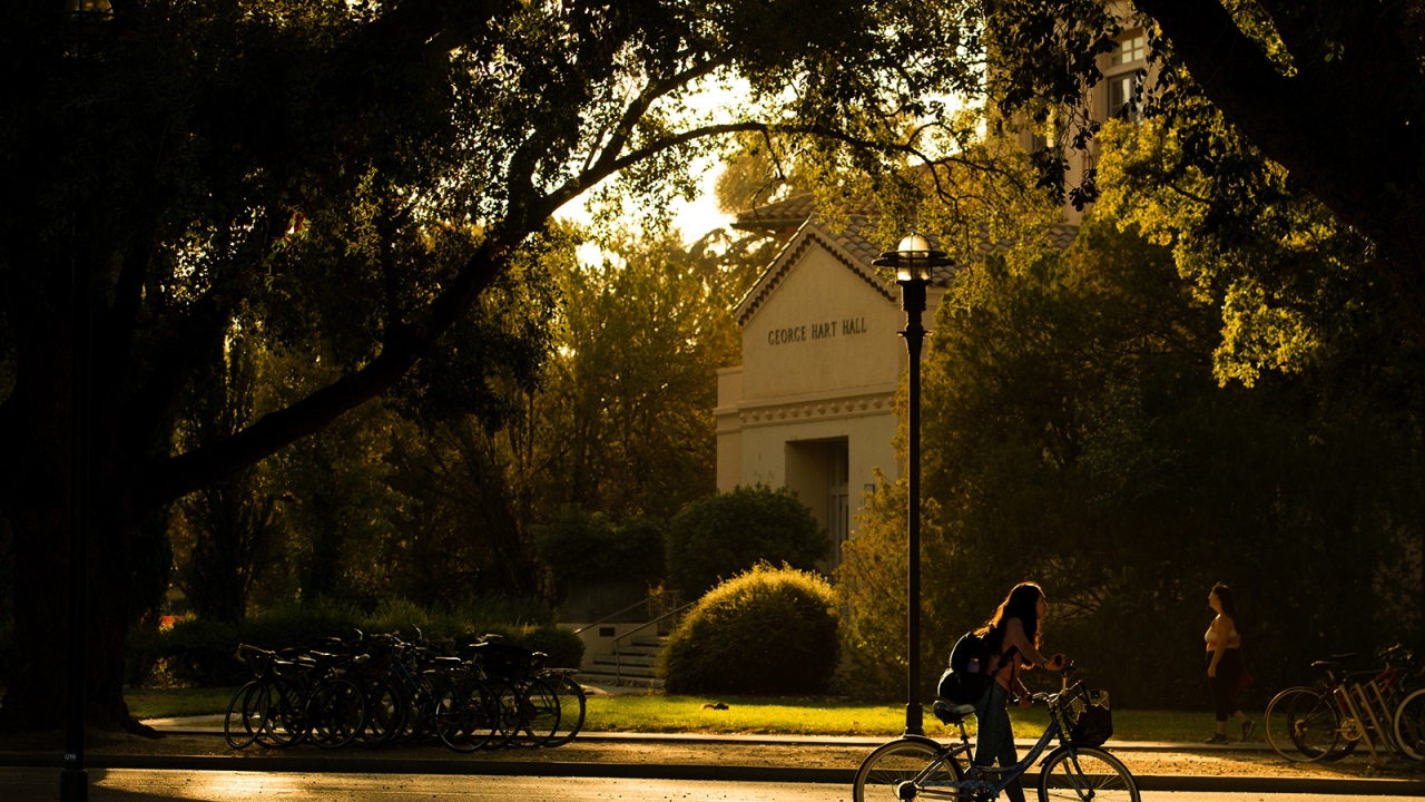 image of student walking a bike