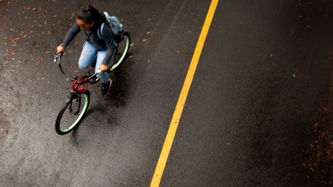 Overhead shot of bike on road