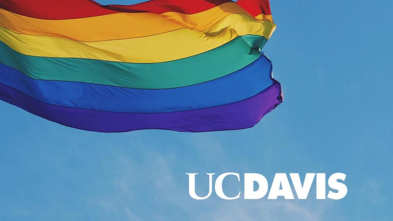 Rainbow flag with UC Davis logo