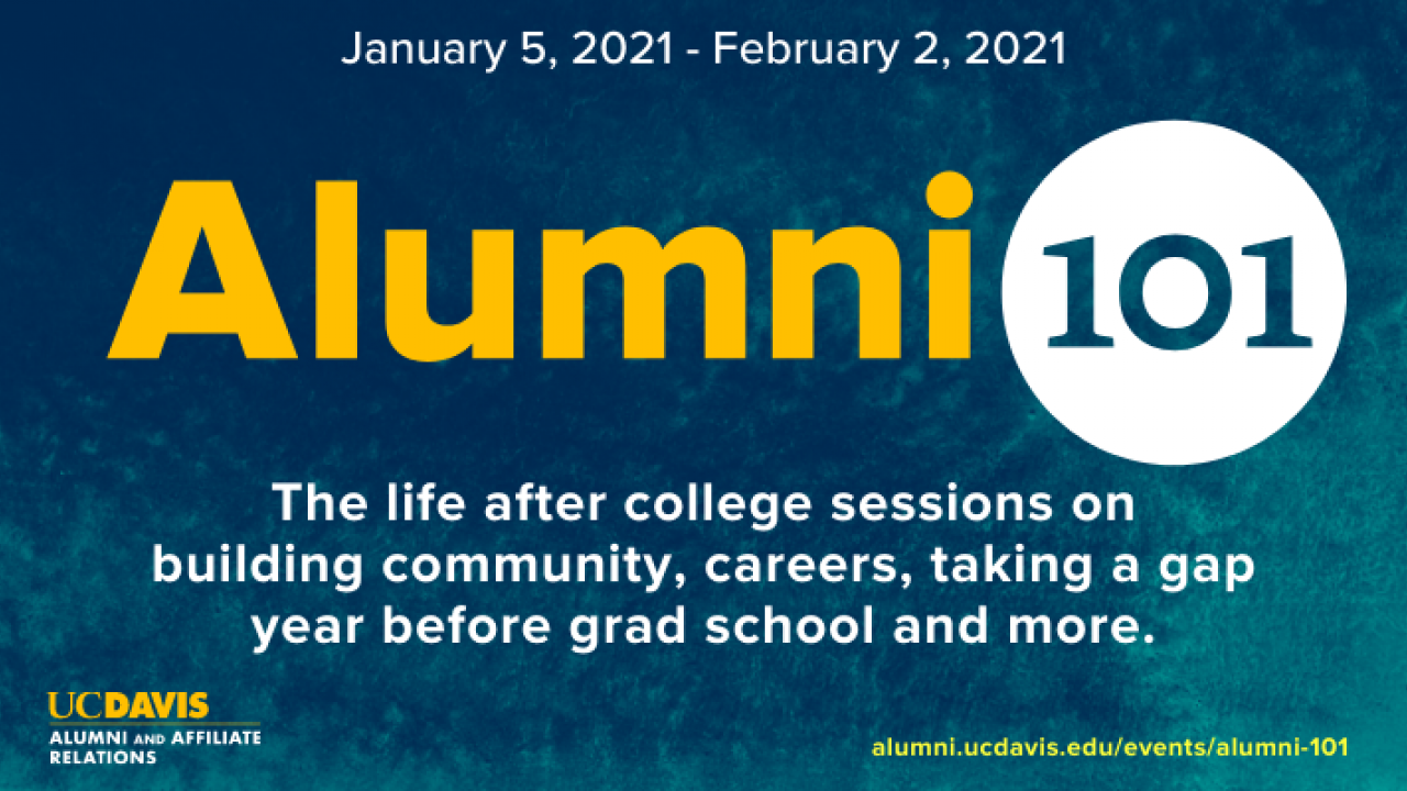 Alumni 101 logo with the tagline "The life after college sessions on building community, careers, taking a gap year before grad school and more." The website for registration is on the bottom left. The pic is a deep blue with yellow.