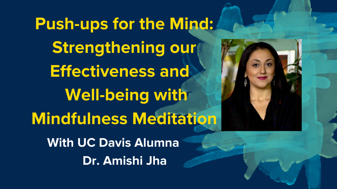 Yellow text on a blue background reads "Push-ups for the Mind: Strengthening our Effectiveness and Well-being with Mindfulness Meditation". Below it in white text it reads "with UC Davis Alumna Dr. Amishi Jha, Thursday Deceber 3 at 5:30pm PST, Zoom Information Shared Upon Registration"