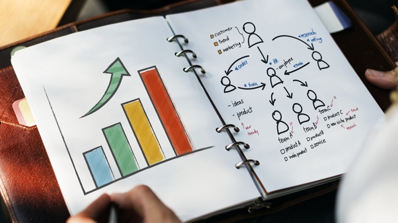 notebook with bar graph showing growth