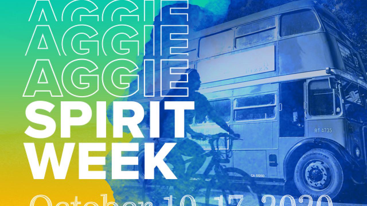 Double decker bus and Aggie Spirit Week logo.
