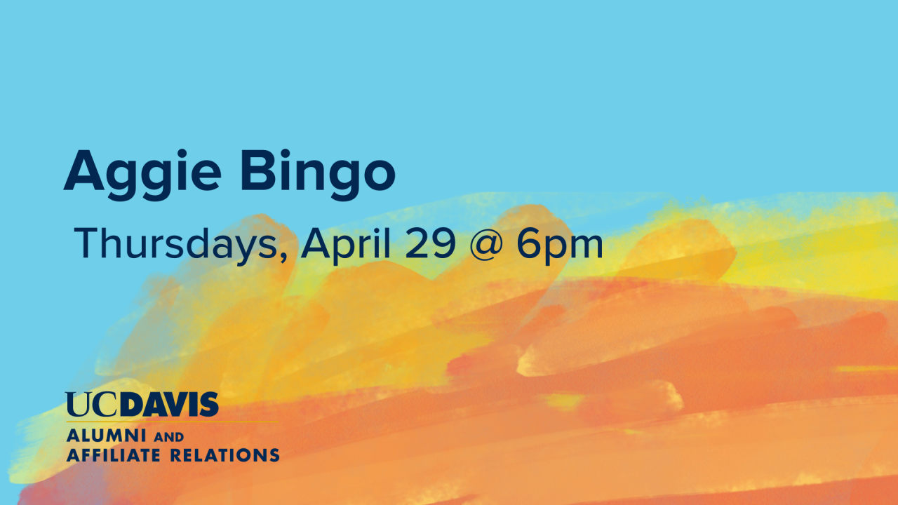 Light blue background with gold and yellow strokes of paint behind the call out for Aggie Bingo April 2021