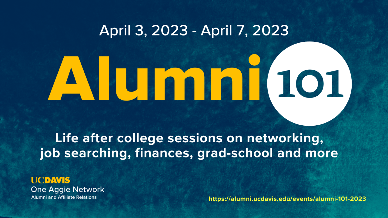 text that says alumni 101 life after graduation sessions
