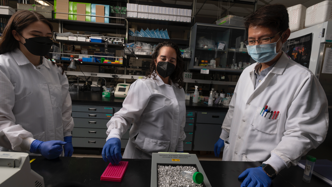 Students in lab coats standing at a lab bench