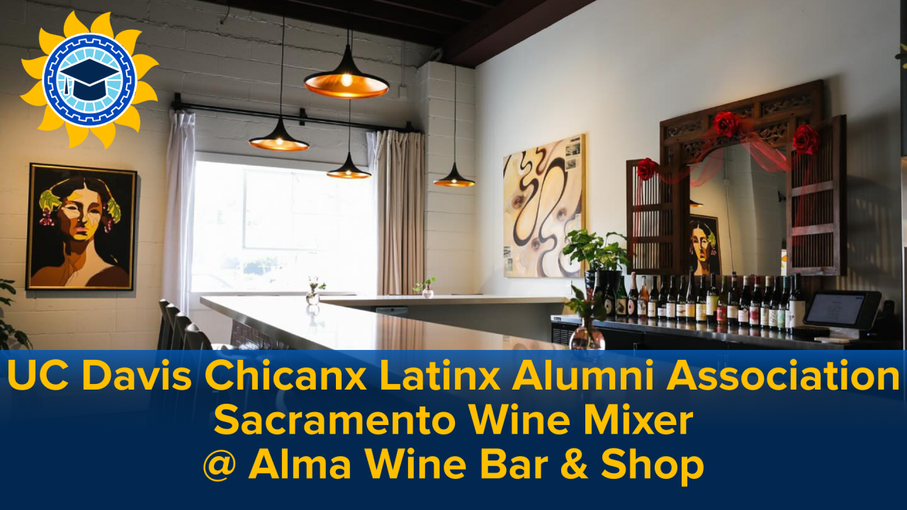 UC Davis CLAA Wine Bar Social promotion image. Photo of a wine bar with the UC Davis CLAA Logo and event name superimposed on it