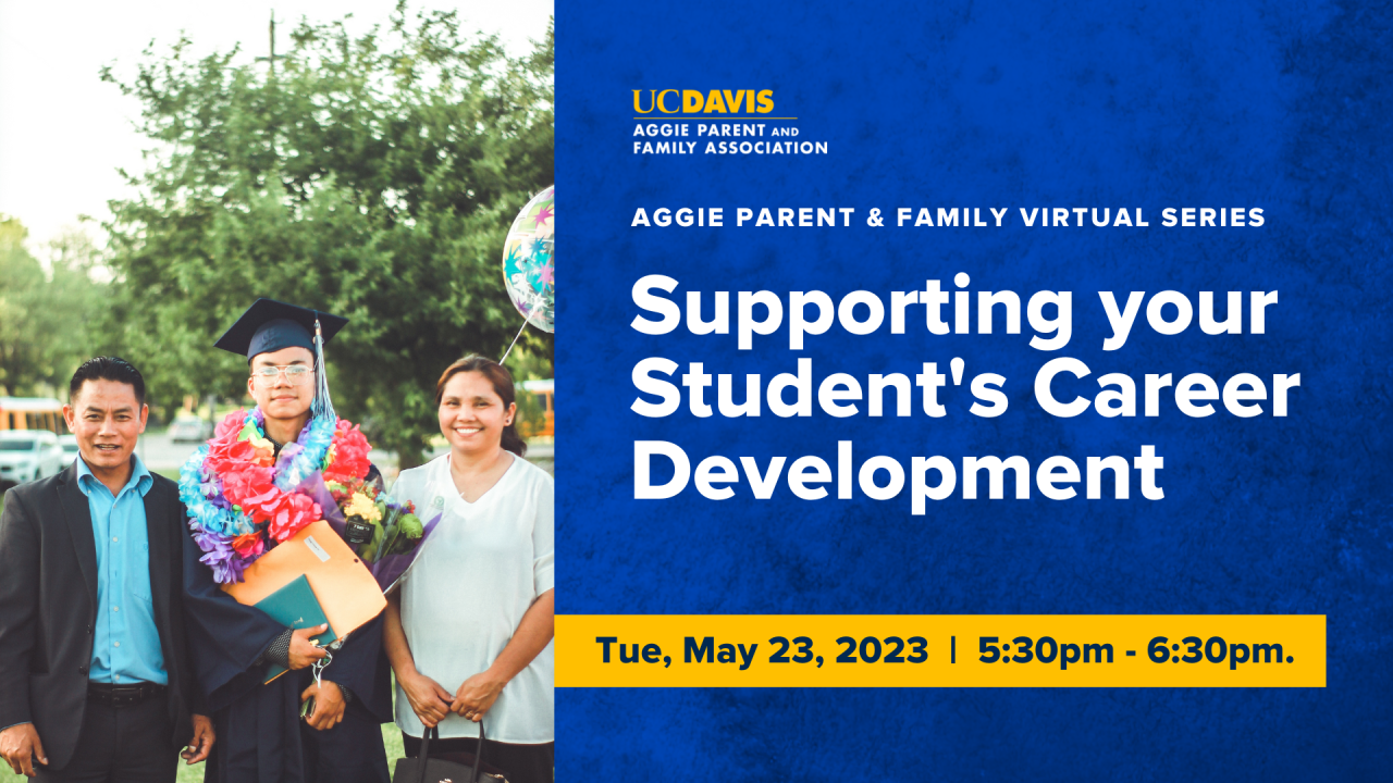 Picture of parents standing with their student at graduation. text that says "Supporting your student's career development"