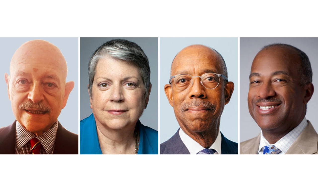 image of Presidents Mark G. Yudof, Janet S. Napolitano and Michael V. Drake, and Chancellor Gary S. May.