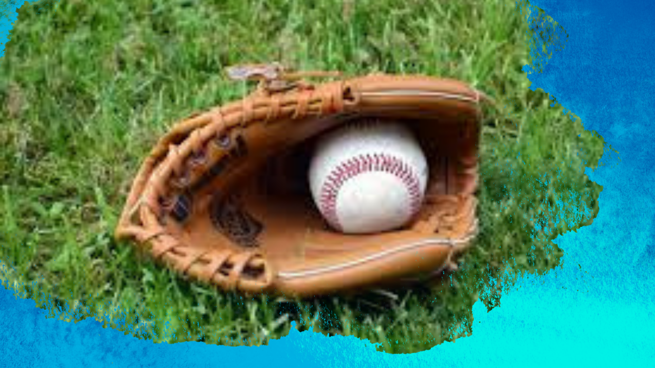 baseball glove on the grass with a blue watermark around the edges