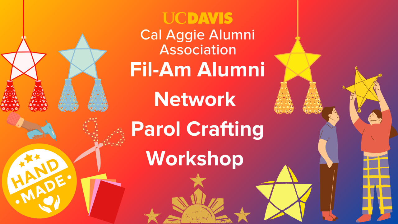 Fil-AM Parol Making Social on a red to blue gradient with graphics depicting crafts and Parol