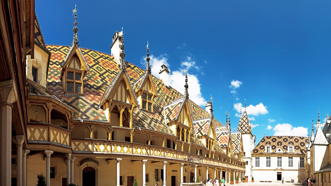 A street view of the Hotel-Dieu in Beaune, Bourgogne-Franche-Comté.