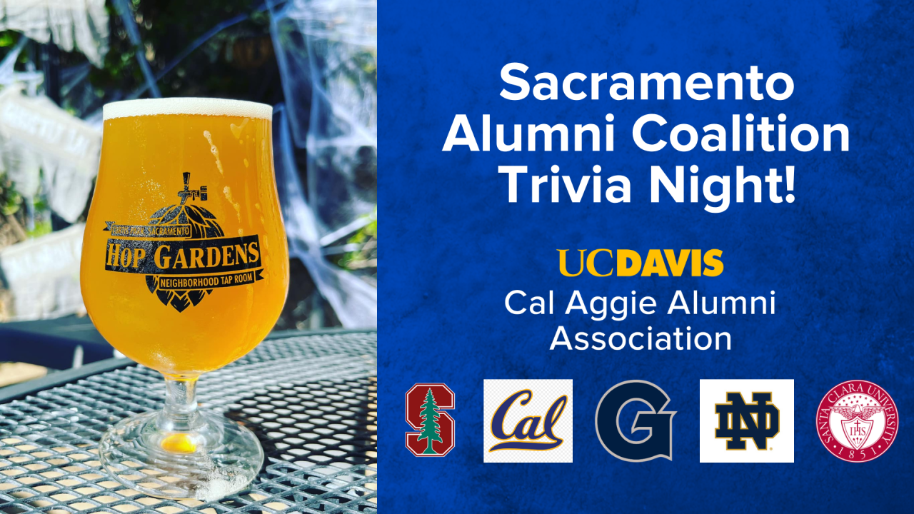 A glass of beer on a table. Text next to it reads "Sacramento Alumni Coalition Trivia Night!" Underneither are logos for UC Davis CAAA, Stanford, CAl, Georgetown, Notre Dame and Santa Clara University
