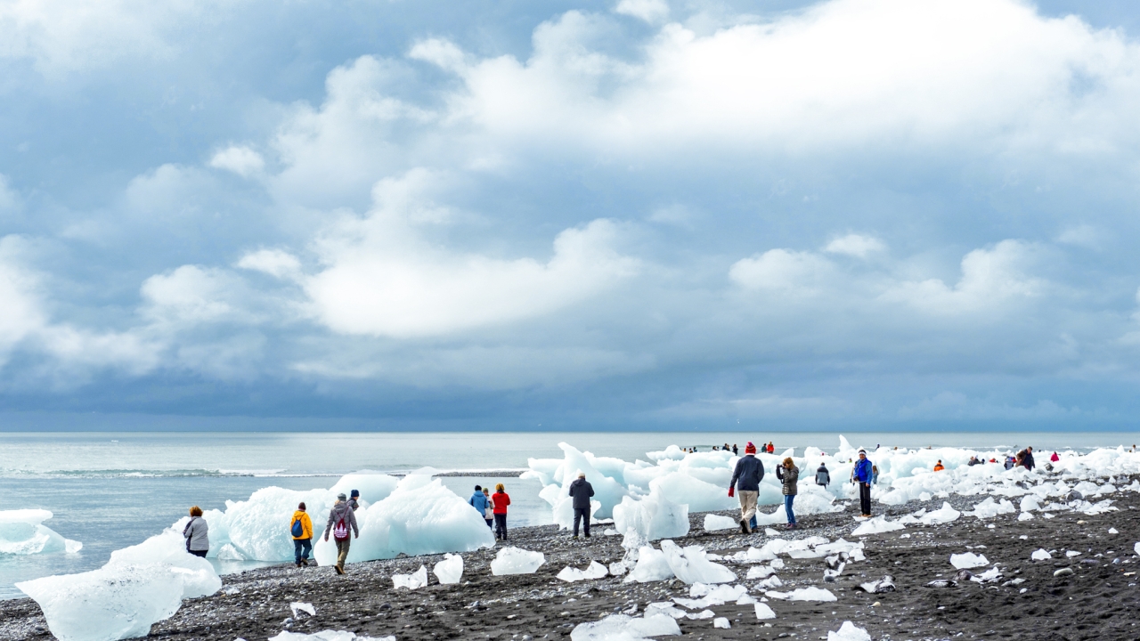 people on ice-y beach