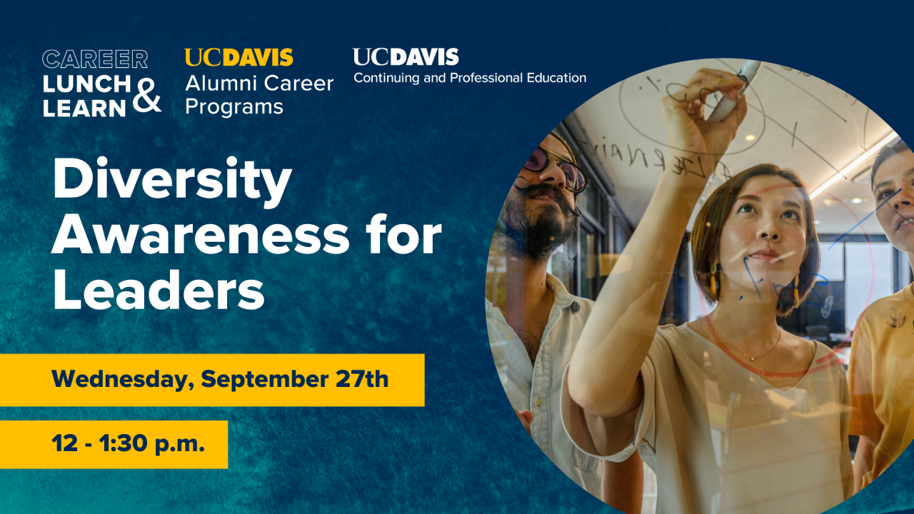 Image of coworkers writing on board and working in collaboration. Text reads: Career Lunch & Learn, UC Davis Alumni Career Programs, UC Davis Continuing and Professional Education, Diversity Awareness for Leaders, Wednesday, September 27th, 12-1:30 pm