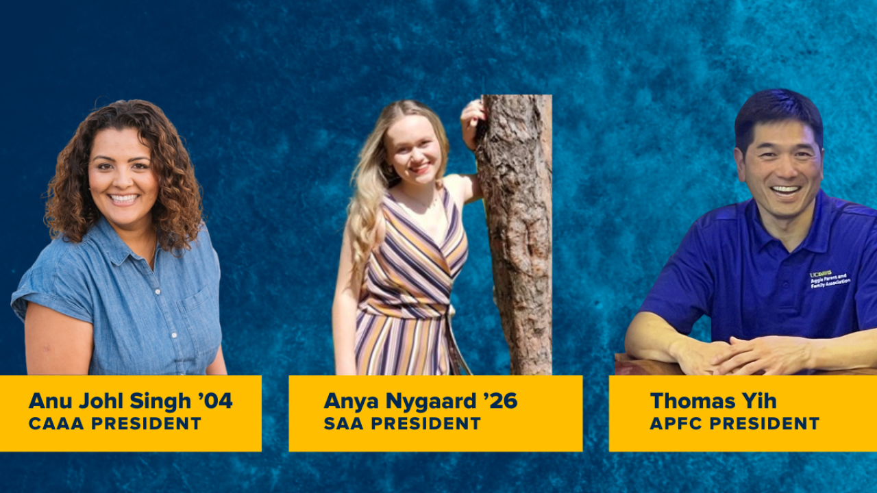 Composite with a dark blue cloudy background of Anu Johl Singh, Anya Nygaard and Thomas Yih.