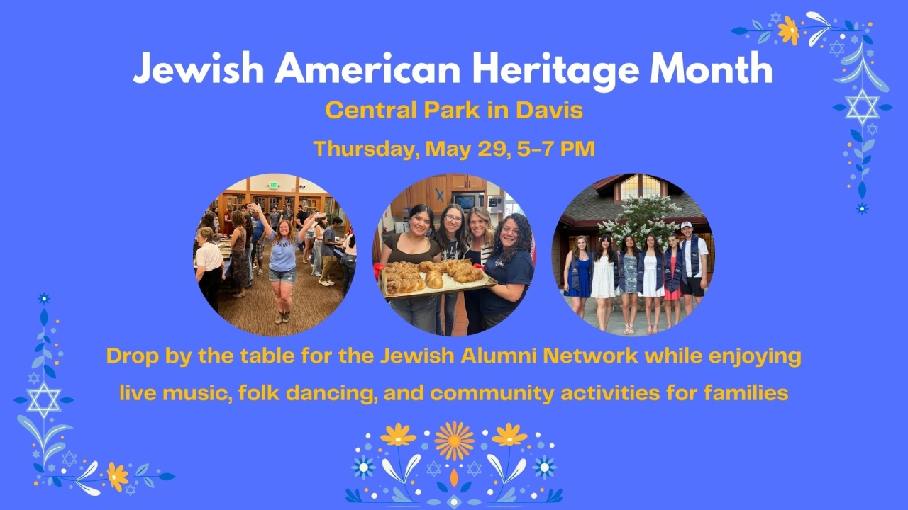 Jewish American Heritage Month Celebration Graphic with three photos of celebrating students and alumni.