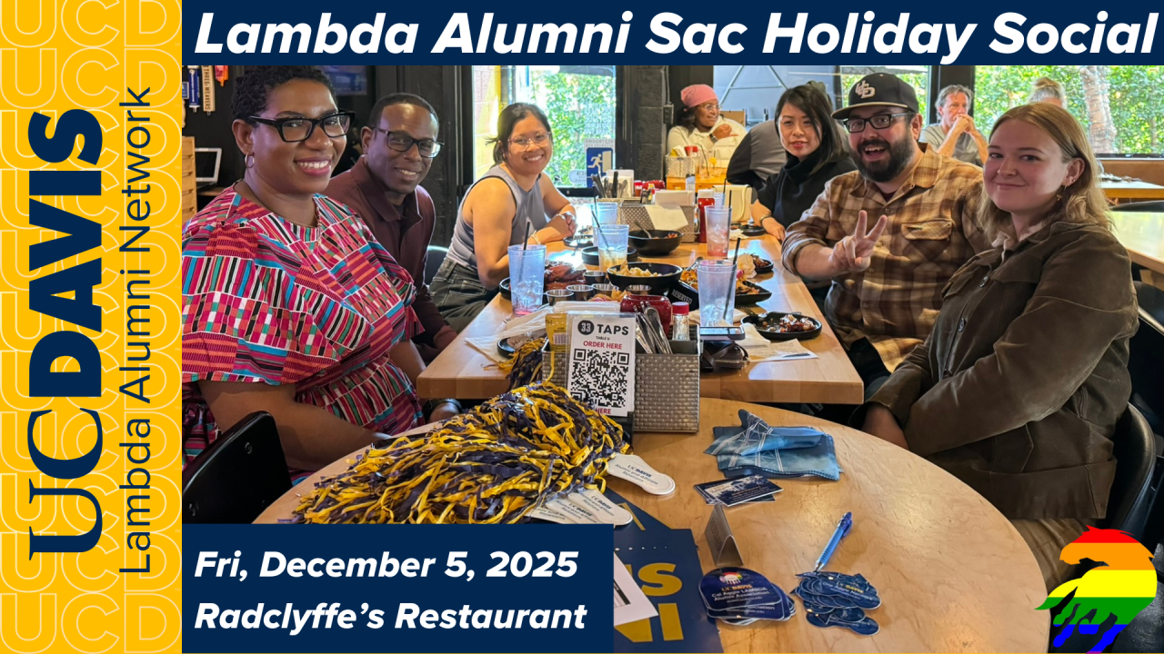 Photo of Lambda Alumni at a bar with the text "Lambda Alumni Sac Holiday Social, Friday, December 5th, Radclyffe's Restaurant"