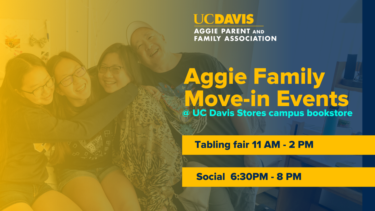 text that says "Aggie Family Move-in events @ UC Davis Stores campus bookstore tabling fair 11am-2pm social 6:30pm-8pm, background image is a family of four smiling during move in