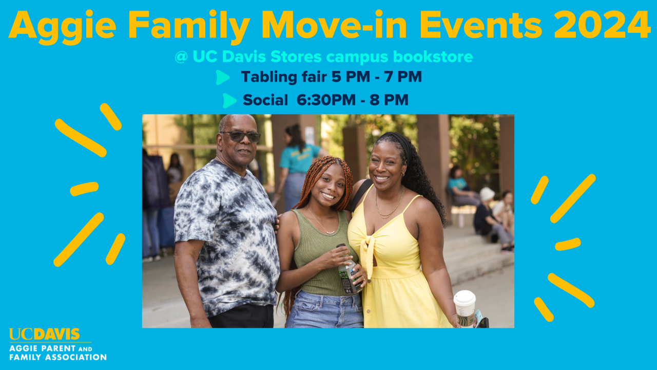 Graphic with title and family moving their student in