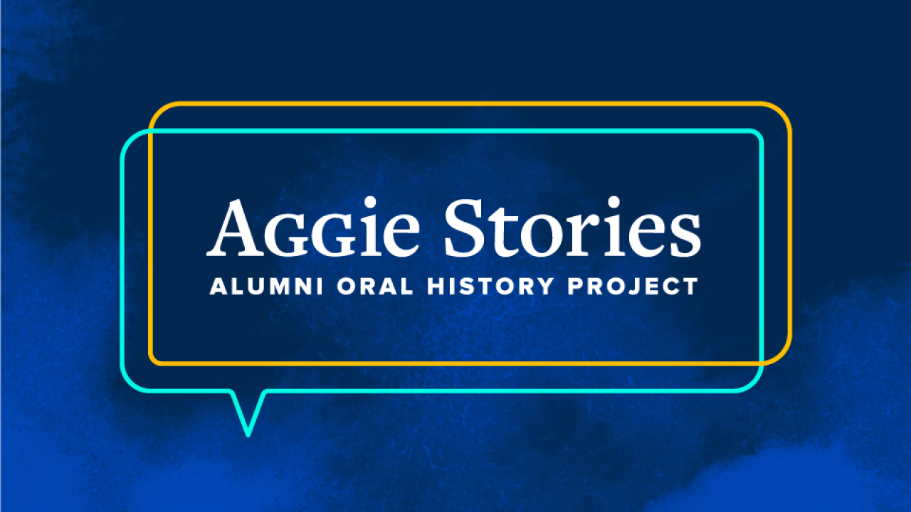 "Aggie Stories Alumni Oral History Project" logo with teal speech callout shape and intersecting gold rounded rectangle.