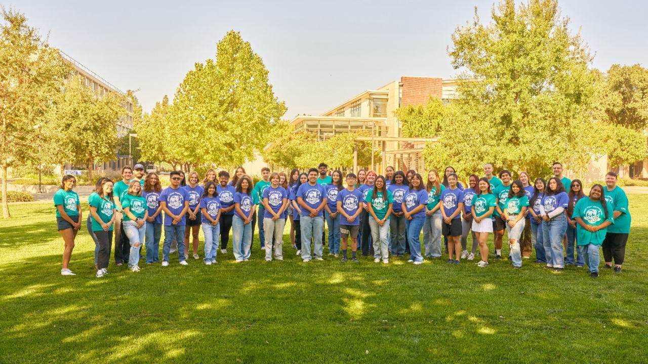 Peer mentors grouped together in a field