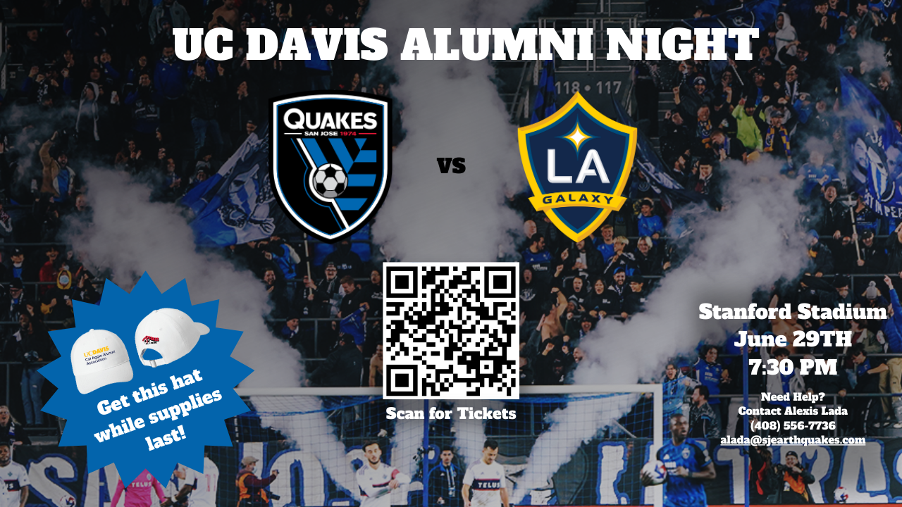 UC Davis Alumni Night at the Quakes Flyer. Text in front of stadium background reading "UC Davis alumni night"