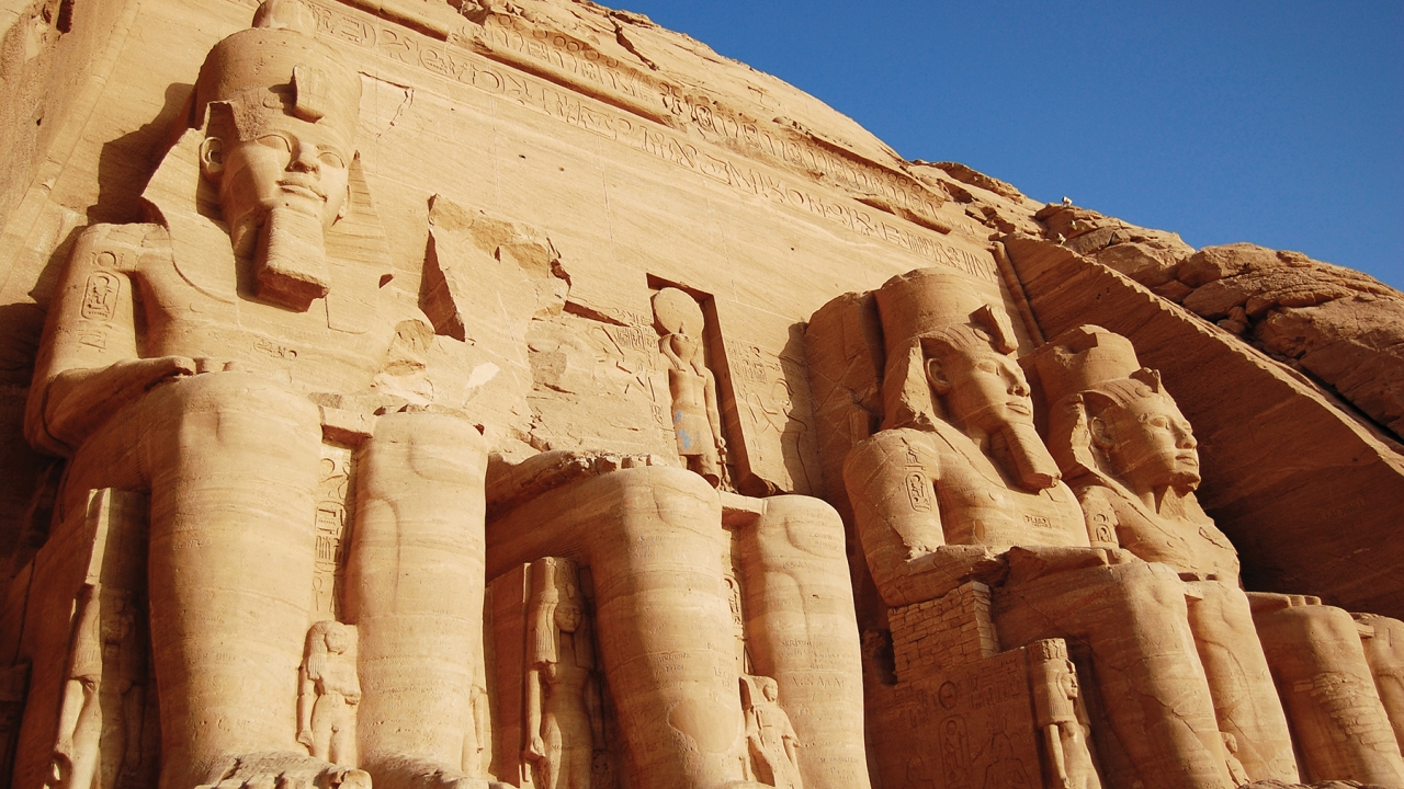 The Abu Simbel's stunning architecture seen from the ground level.
