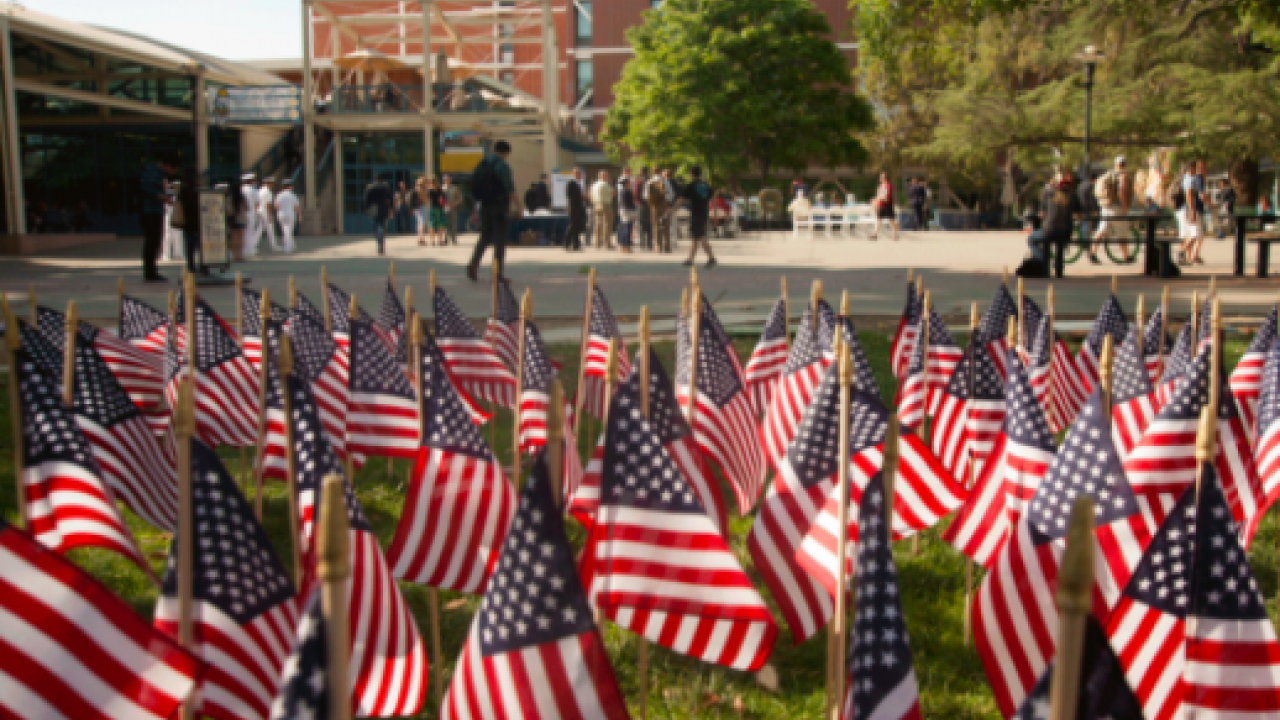 Memorial Union with Americans Flags on Lawn
