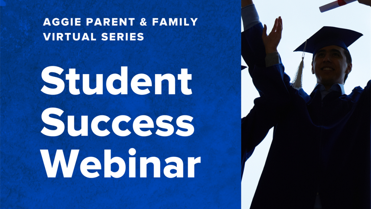 text that reads "student success webinar" along with a silhouette of a person in a graduation gown and cap