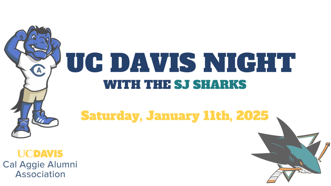 Text, "UC Davis Night with the SJ Sharks" "Saturday, January 11, 2025" With Gunrock and Sharks logos