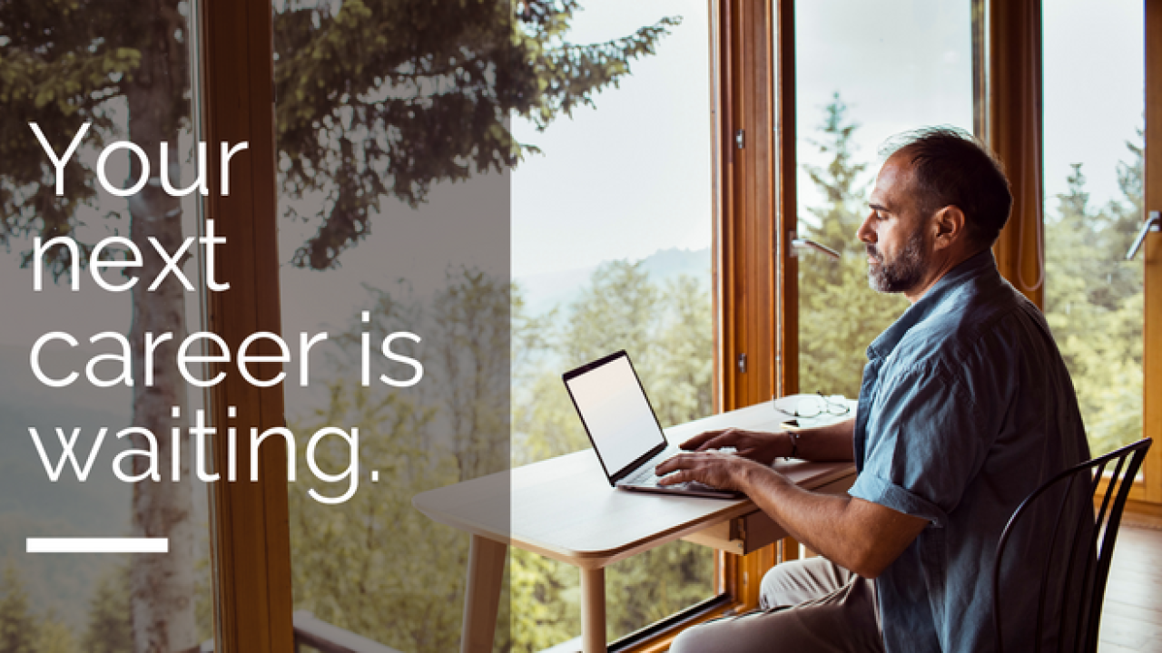 Image of man typing on laptop. Text reads: Your next career is waiting