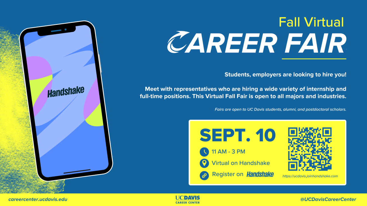 Information about the UC Davis Fall Virtual Career Fair on September 10th from 11 AM to 3 PM, featuring a mobile phone screen with the Handshake logo.