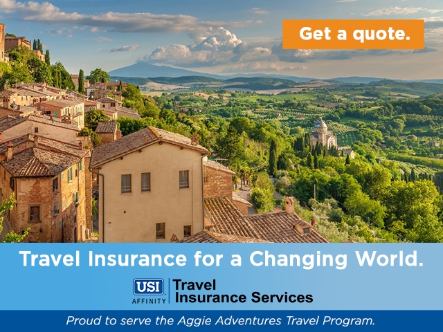 Get a quote. Travel insurance for a changing world. USI Affinity. Travel Insurance Services. Proud to serve the Aggie Adventures Travel Program.